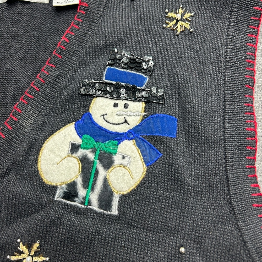 Christmas Sweater Vest Victoria Jones 2X Pearl Beaded Snowman Ugly - Picture 4 of 9
